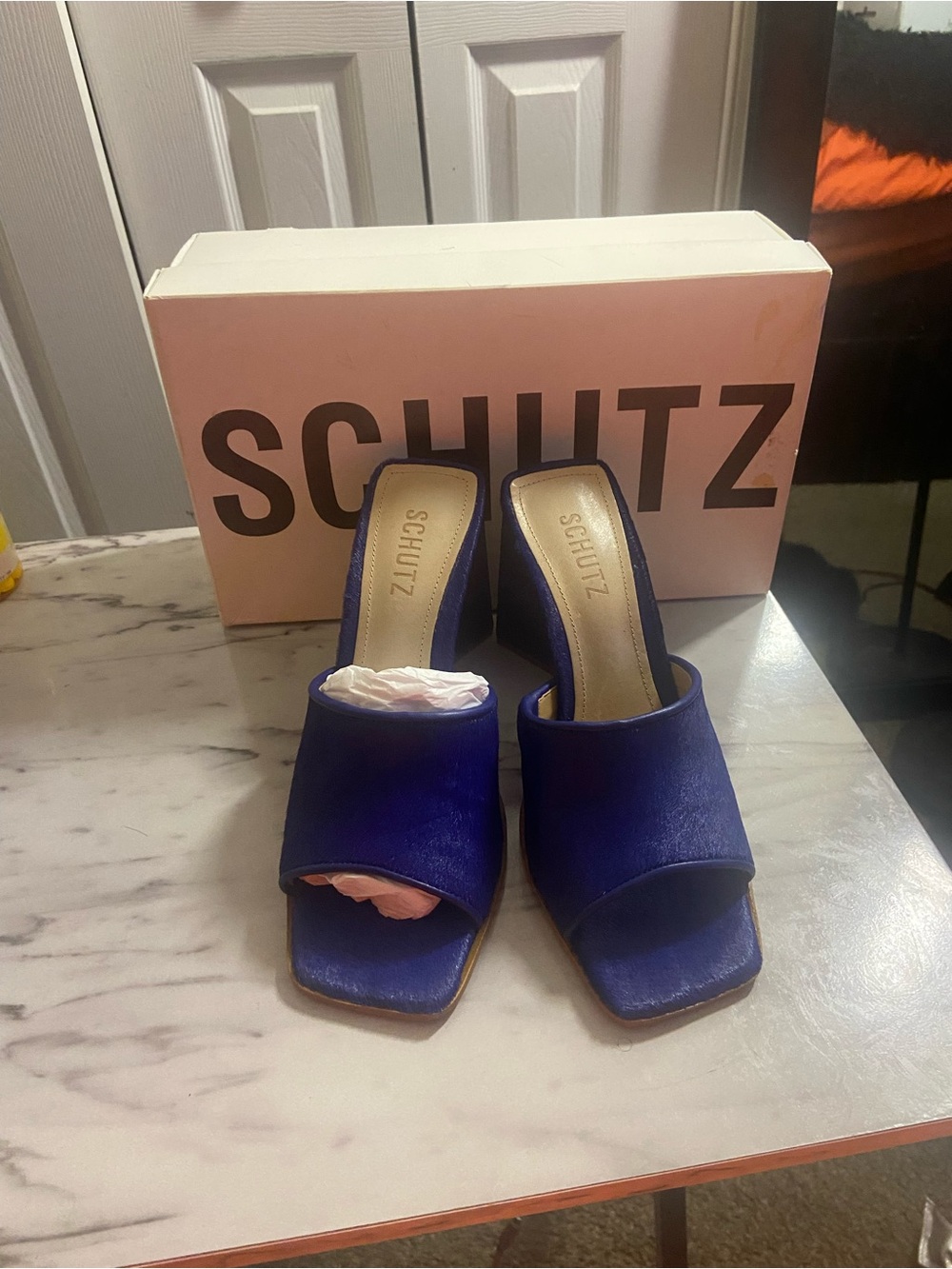 SCHUTZ Cobalt Blue Open-Toe Mule Heels